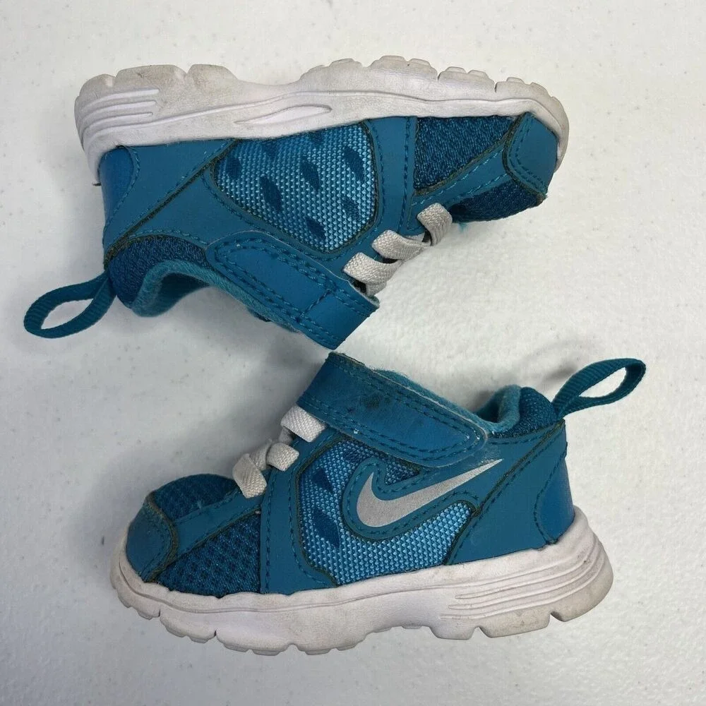 Nike Infant Size 3C Fusion Run 525595 401 Turquoise Blue Leather‎ Mesh Hook Loop